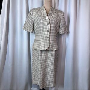 Le Suit Jacket Skirt Suit Sz 8 Green Gingham Notch Collar 3 Button Lined